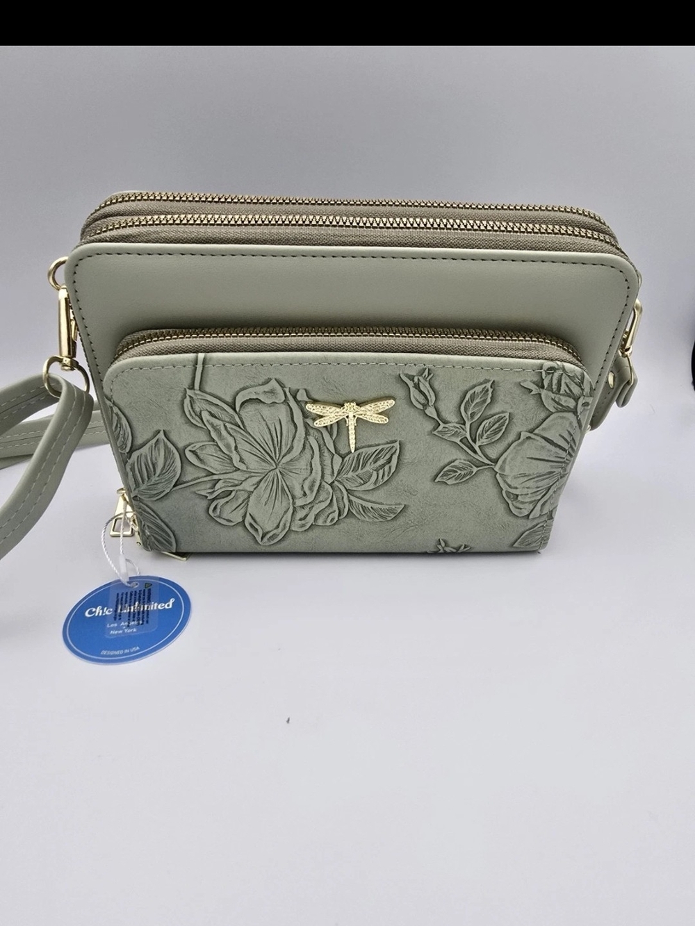 The Limited Sage Green Floral Crossbody Bag with Dragonfly Accent